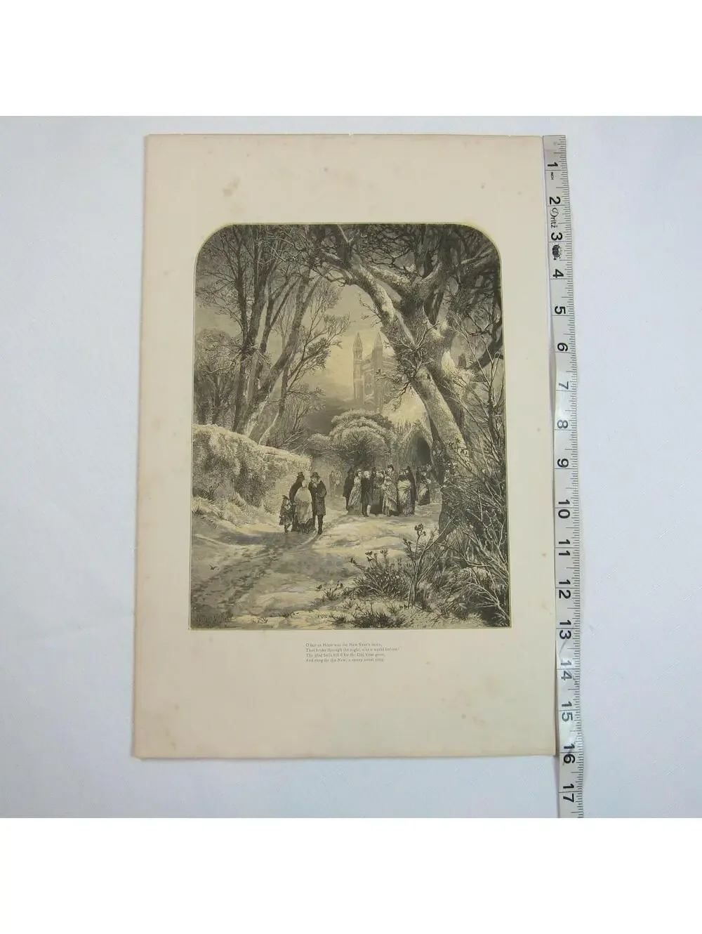 Antique 1870s Wood Engraving Print Cathedral Churchgoers New Years Thomas Moran